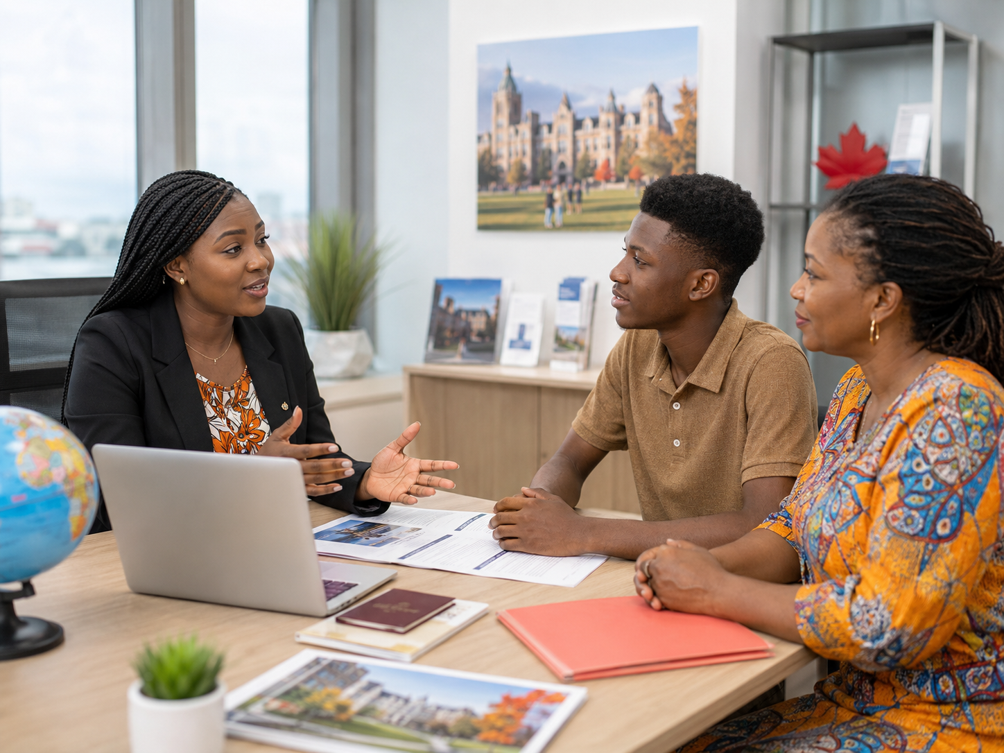 Conseillère en agence à Abidjan présentant un projet d'études au Canada à un étudiant et sa mère