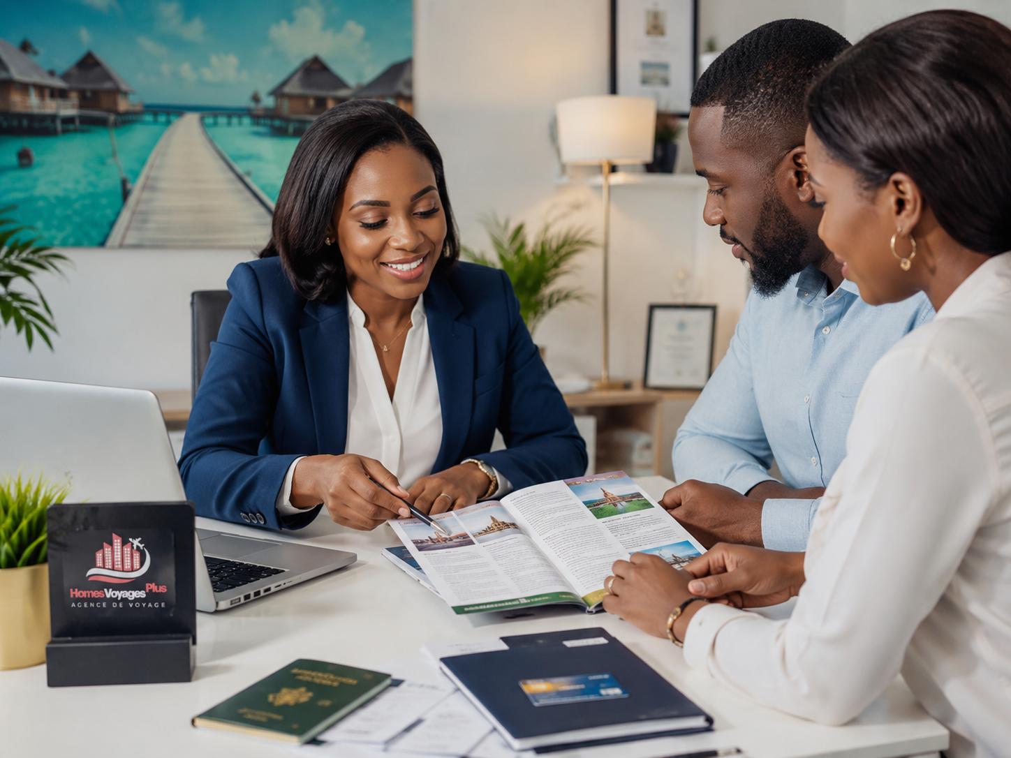 Conseillère présentant une proposition de voyage à des clients dans une agence à Abidjan