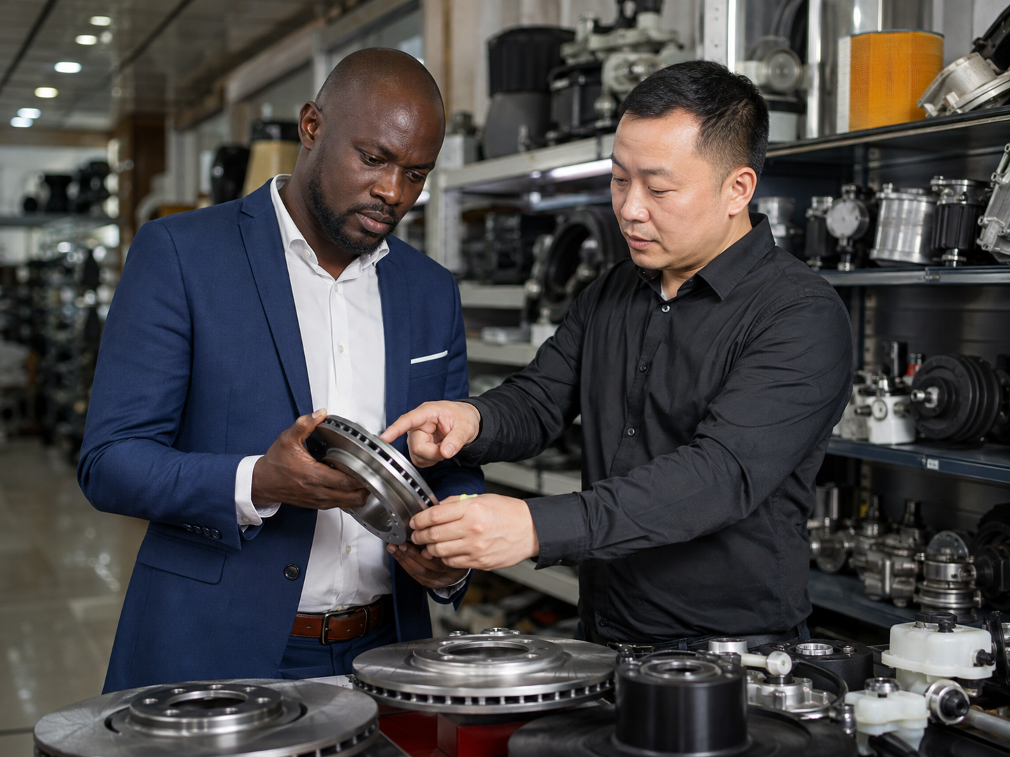 Entrepreneur inspectant une pièce automobile avec un fournisseur chinois