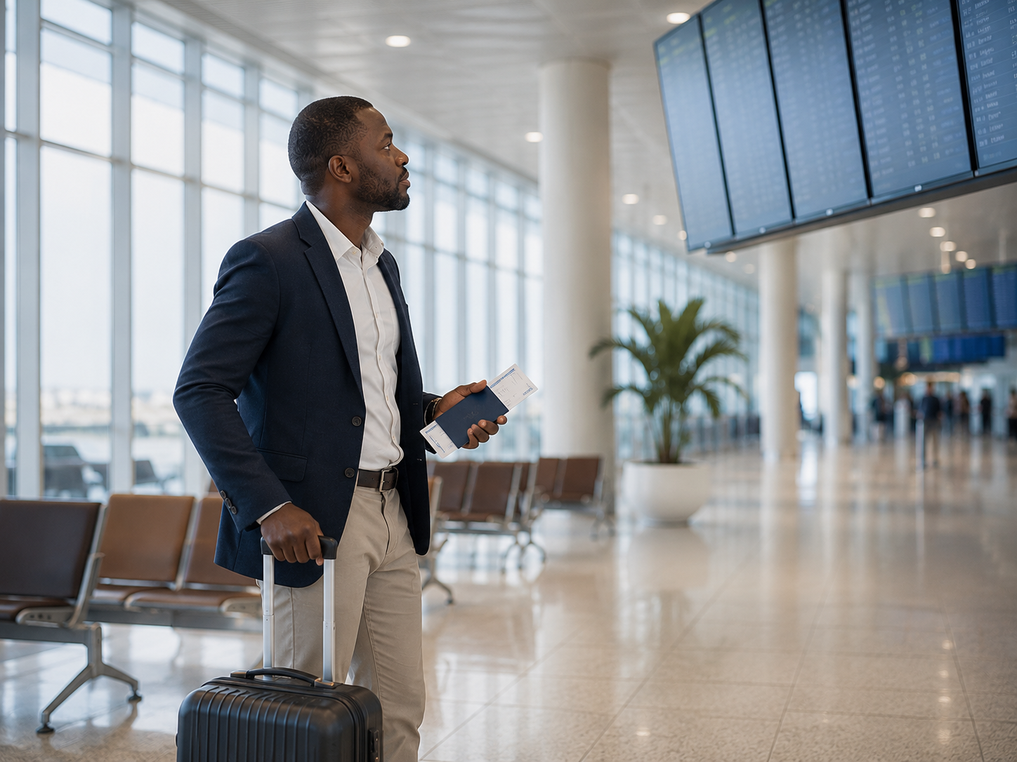 Voyageur à l'aéroport Félix Houphouët-Boigny d'Abidjan, billet et passeport en main, prêt à embarquer