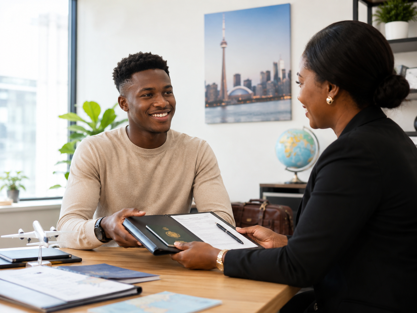 Étudiant ivoirien souriant en agence à Abidjan préparant son projet d'études au Canada avec une conseillère
