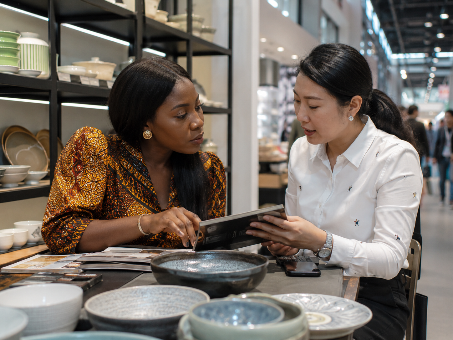 Entrepreneure découvrant des produits dans un showroom chinois